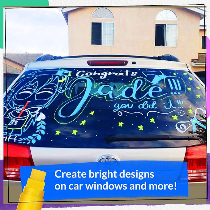 8 Washable Window Markers for Cars - 15mm Jumbo Colored Pens - Neon Paint Chalk Markers for Glass, Chalkboard, Blackboard, Bistro, Menu Board - Chalk Pens for Teachers, Kids, Businesses