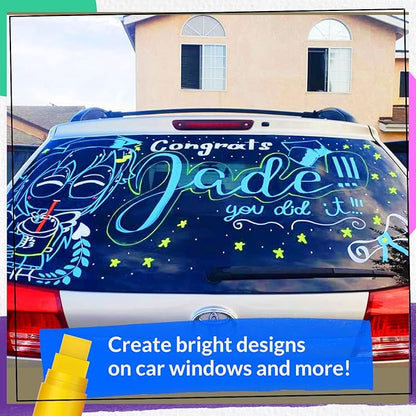 8 Washable Window Markers for Cars - 15mm Jumbo Colored Pens - Neon Paint Chalk Markers for Glass, Chalkboard, Blackboard, Bistro, Menu Board - Chalk Pens for Teachers, Kids, Businesses