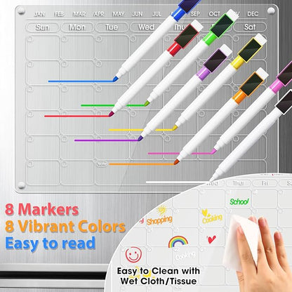 Magnetic Acrylic Calendar for Fridge Refrigerator Monthly Dry Erase Board w/ 8 Markers & Magnetic Pen Holder, Organic Glass Clear Planning Whiteboard Workout Board Meal Planner Magnetic 16x12''
