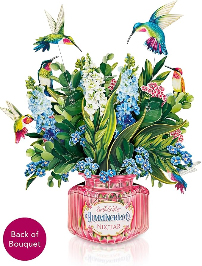 Freshcut Paper Pop Up Cards, Hummingbird Oasis, 12 Inch Life Sized Forever Flower Bouquet 3D Popup Greeting Card, Birthday Cards, Thank You Card, Blank Notecard & Envelope