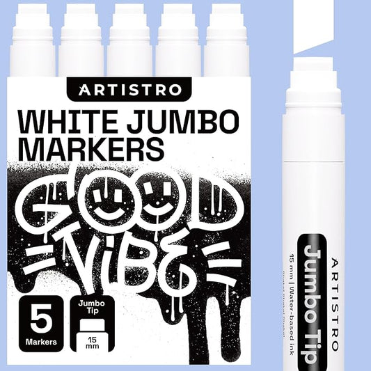 ARTISTRO 5 White Acrylic Paint Pens, Acrylic Paint Markers Jumbo Tip, Fabric Markers for Textile, Canvas, Rock, Glass, Wood, Paper, DYI, Pens for Kids and Adults