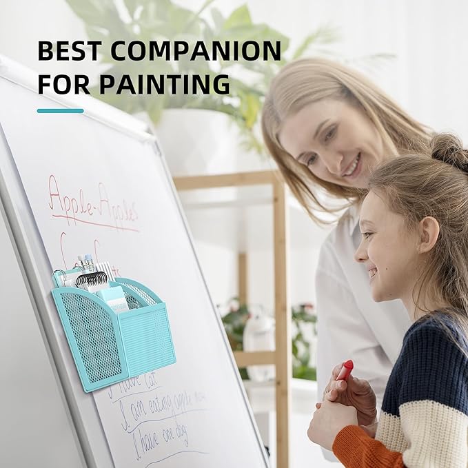 DALTACK Magnetic Pencil Holder - 3-Grid Mesh Shelf for Whiteboard, Refrigerator & Locker - Organizer for Home, School & Office, Blue