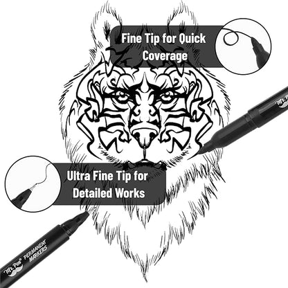 Mr. Pen - Dual Tip Permanent Markers, 12 Pack, Black, Fine & Ultra Fine Point