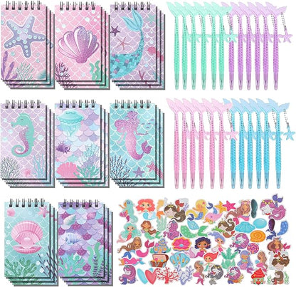 LiYiQ 148 Pcs Mermaid Mini Spiral Notepads Mermaid Pens Stickers Set for PET Birthday Classroom School Reward Gift Prizes Goodie Bags Stuffers