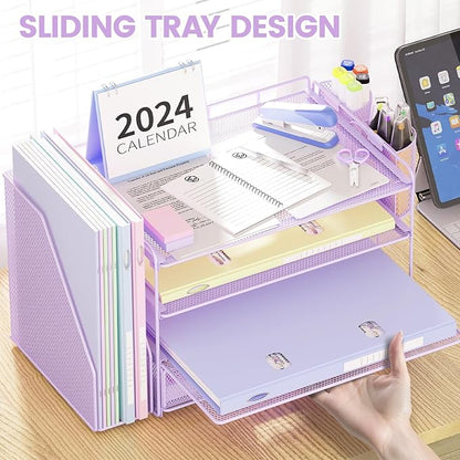 Desk Organizers and Accessories, Paper Letter Tray File Organizer with Drawer and 2 Pen Holder, Classroom Office Supplies Decor Desk Accessories Workspace Desktop Organizer for Women(Purple)
