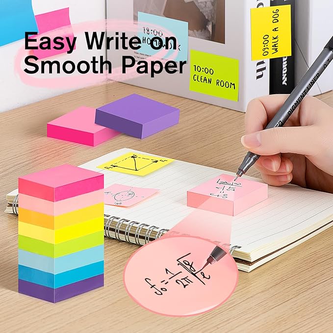 HappyHapi Sticky Notes 1.5x2 Inches Self-Stick Pads, Colorful Sticky Notes 100 Sheets/Pad, 8 Bright Colors Sticky Notes for Office Supplies, School, Home