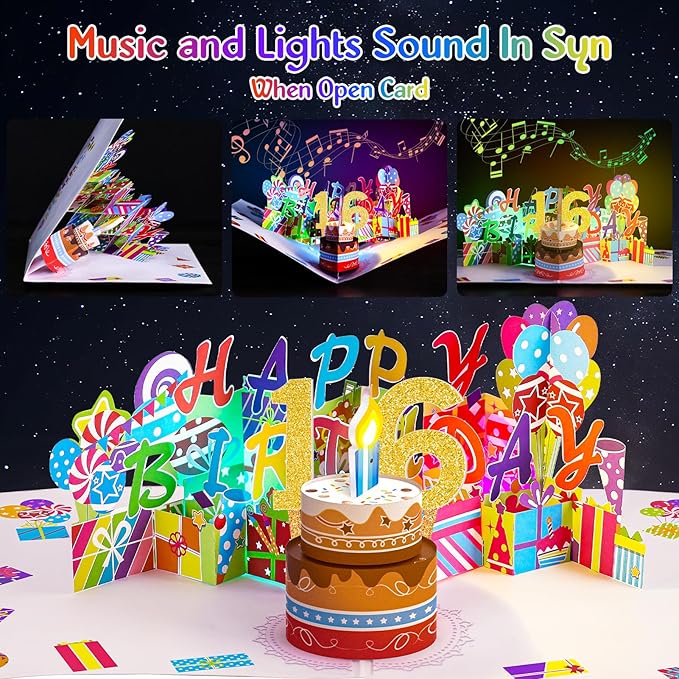 Gumry Sweet 16 Musical 3D Birthday Card, Blowable Musical Birthday PopUp Card with Colorful Light Candle Song, Happy 16th Birthday Gifts Decorations for 16 Years Old Girls Boys Son Daughter