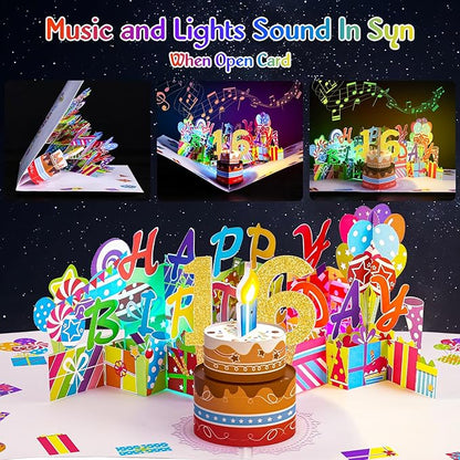 Gumry Sweet 16 Musical 3D Birthday Card, Blowable Musical Birthday PopUp Card with Colorful Light Candle Song, Happy 16th Birthday Gifts Decorations for 16 Years Old Girls Boys Son Daughter