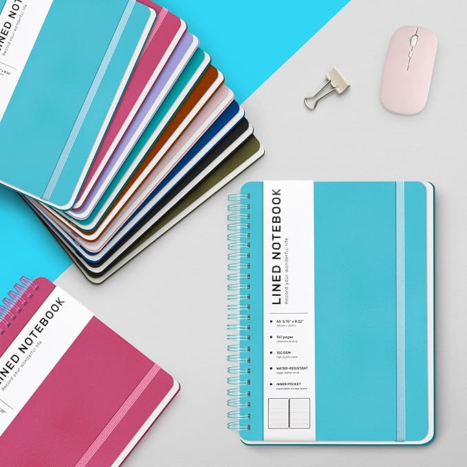 Light Blue Lined Spiral Journal Notebook with 160 Pages, 8×5.7in, A5 Spiral Notebook, Journaling Notebooks for Work, School, Women, Men, College Ruled Spiral Notebook, Hardcover Leather Journals