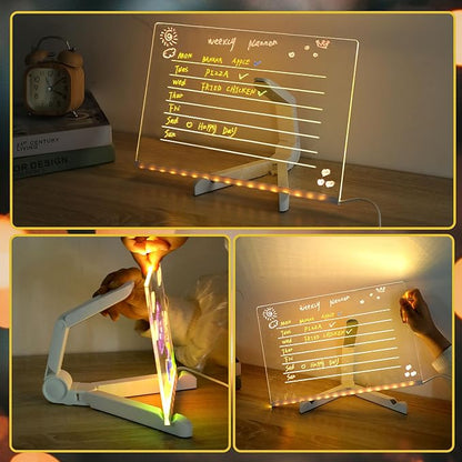 LED Note Board with Colors,LED Drawing Pad with 7 Color Pen,Light Up Acrylic Message Board with Adjustable Stand,Acrylic Dry Erase Board with Light for Office School Home,Gift for Kids(8"x8")