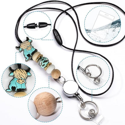 9 in 3 Sets Highland Cow Retractable Lanyard with ID Holder Breakaway Lanyard for Badge Reel Lanyard School Silicone Beaded Lanyard Cute