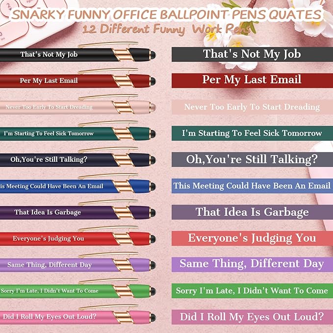 Snarky Funny Office Pens,12 Pcs Negative Sarcastic Hilarious Quotes Work Ballpoint Pens with Stylus Tip for Colleague Co-workers Gift Black Ink (Style 1, 12)