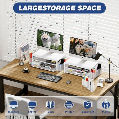 Desk Organizers and Accessories, 2-Tier Computer Monitor Stand for Desk Organizer with Drawer and 2 Pen Holders, Office Desk Accessories Workspace Desktop Organizers for Office Supplies, White