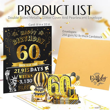 60th Birthday Card for Men Husband, Jumbo Pop Up 60 Year Old Birthday Cards for Women Men, Happy 60th Gifts for Him Her, Jumbo 60 Year Old Birth day Card, Review of 1965, Black Gold (8''x10'')