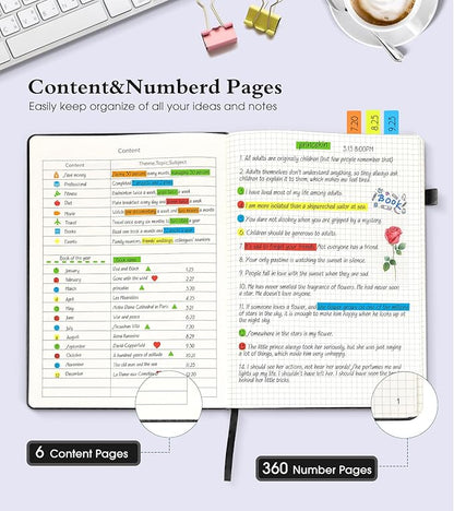 Graph Paper Notebook Journal, 360 Numbered Pages Grid Notebooks, Thick 100gsm Graphing Paper Notebook Journals for Women Men, B5 Large Hardcover Leather Graph Notebook 7.6'' X 10'' Black