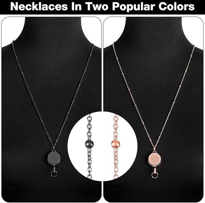 Outus 2 Pieces Badge Lanyard with ID Holders Stainless Steel Badge Holders Necklace Retractable Reel Clip Chain Water Resistant Name(Rose Gold, Black)