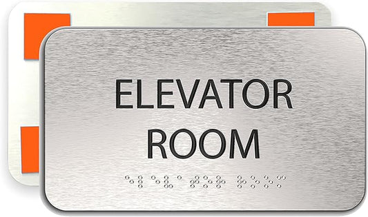 ADA Elevator Room Sign for Business - Office Signs, Aluminum Brushed Silver, Tamper-Proof, Heavy Duty Mounting Tape, Easy Install, Office Décor, ADA Compliant, Grade 2 Braille (7” W x 4” H) ADASigns.org