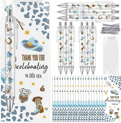 50 Sets Pen Baby Shower Favors Gifts for Guests Includes 50 Rolling Paper Ballpoint Pens and 50 Greeting Thank You Bookmarks Baby Shower Party Favors (Cowboy)