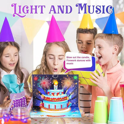 Rocket Birthday Cards for Kids, 3D Pop Up Birthday Card with Music and Light and Interactive Blowable Candle, Gift Card for Kids Children Boys Girls Son Daughter