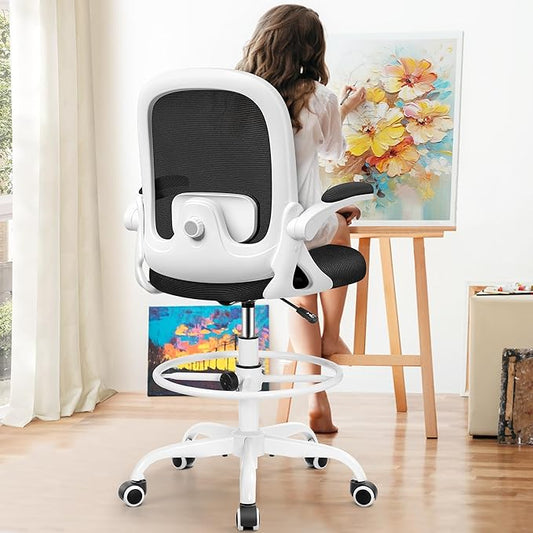 Drafting Chair, Tall Office Chair Ergonomic Standing Desk Chair,with Adjustable Footrest Ring, 3D Lumbar Support, Flip-up Armrests, Swivel Desk Stool for Drawing Working (White)