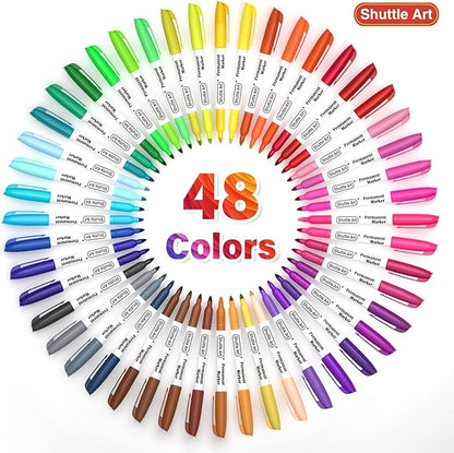 Shuttle Art 48 Colors Permanent Markers, Fine Point, Assorted Colors, Works on Plastic,Wood,Stone,Metal and Glass for Doodling, Coloring, Marking