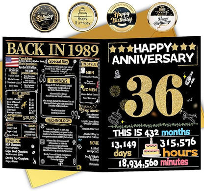 Joycard 36th Anniversary Card for Women Men, Gold Wedding Card for Wife Husband, Sweet Marriage Decorations Gifts for Couple, Perfect for Her Him on Anniversary Day, Back in 1989