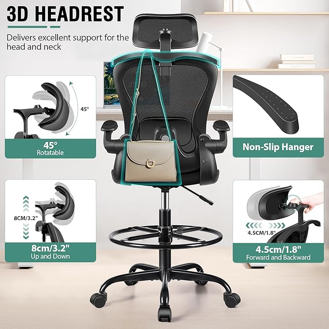 Drafting Chair, Tall Office Chair with 3D Lumbar & Head Support, Ergonomic Mesh Standing Desk Chair with Footring, Comfy Extended High Desk Chair with Flip-Up Arms & Hanger (Black)