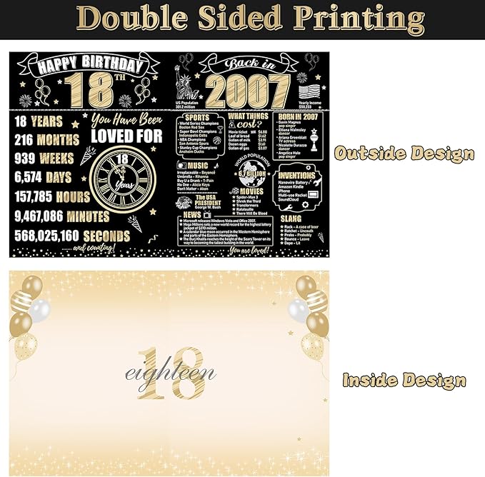 Large 18th Birthday Card With Envelope for Boys Girls, 2007 Black Gold Happy 18th Birthday Giant Guest Signature Book Gifts, Big Vintage 2007 18th Greeting Card Decoration Party Supplies