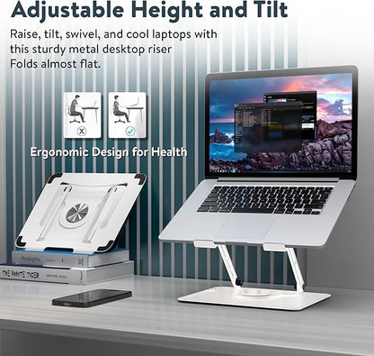 Swivel Laptop Stand for Desk, Adjustable Laptop Stand for Desk w/ 360° Rotation, Raise Tilt Cools Laptop with This Ergonomic Laptop Stand Riser, Collapsible iPad Computer Laptop Stand (White)