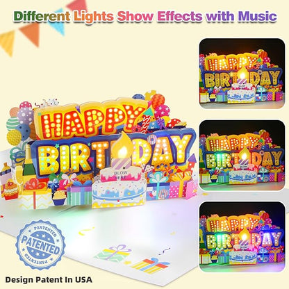 Birthday Cards Light 3D Pop Up Music, Blowable LED Candle Cake Gifts Greeting Cards for Women Men Kids Mom