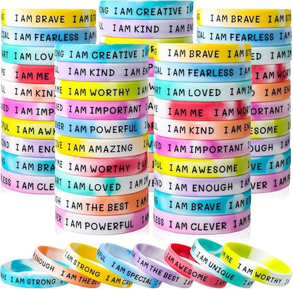 100 Pieces Students Inspirational Silicone Wristbands Motivational Quotes Rubber Bracelets for Kids Students Back to School Gifts (Swirl Colours)