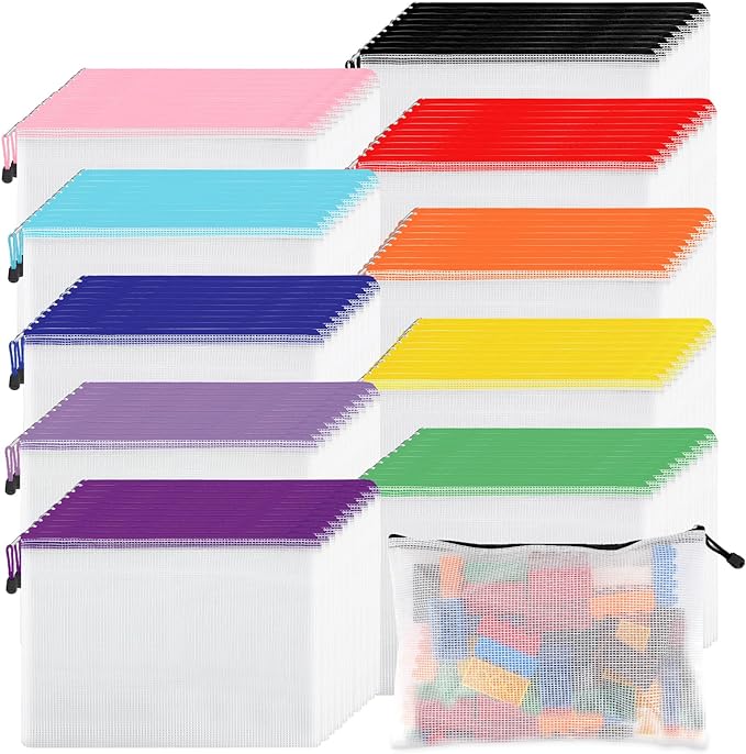EOOUT 100pcs Mesh Zipper Pouch, A4 Size, 10 Colors Zipper Bags for Organizing Storage, Waterproof Puzzle Bag, Zipper File Bags for Board Games and School Office Supplies
