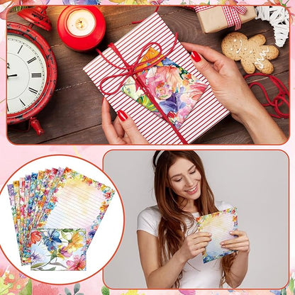 TaoBary 160 Packs Stationery Paper Set (50 Double Sided Stationery Writing Papers 50 Matching Envelopes) 60 Round Dot Sticker, 10 Design(Watercolor Flowers,5.5 x 8.25 Inch)