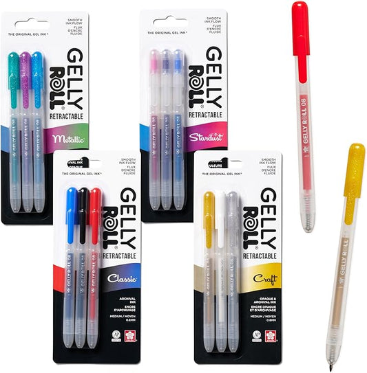 SAKURA Gelly Roll Retractable Gel Pens - Classic, Craft, Stardust & Metallic - Medium Point Ink Pens for Journaling, Art, or Drawing - Assorted Colored Ink - 12 Pens
