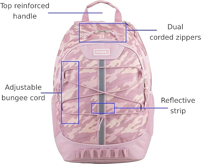 FUEL Hiking Backpack for Women Men Terra Sport, Travel, College, Gym, Work with Laptop Sleeve, Bungee, 18 Inches, Pink Camouflage