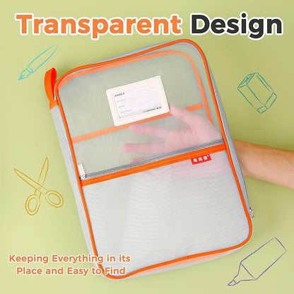 Pendancy Mesh Zipper Pouch 14.8x10.8 in Transparent Lightweight Nylon File Folders, A4 Size Multi-Layer Subject Document Organizer Accessories Storage Bag for Office and School Supplies(Orange)