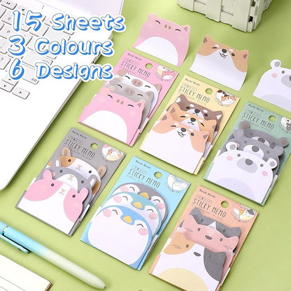 Cute Sticky Notes, 6 Pack 270 Sheets Kawaii Cartoon Animal Sticky Notes, Mini Cartoon Notes Animals Shape Markers Flags Self-Stick Memo Pads for School Home Office, JT-BG072-06