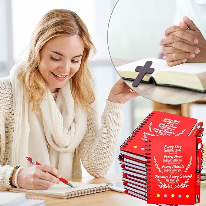 60 Pcs Bulk Christian Gifts Prayer Journal for Woman - 30 Set Religious Notepad with Christian Pen - Bible Notebook - Church Gifts for Mother's Day, Bible Study, and Family Devotions (Red)