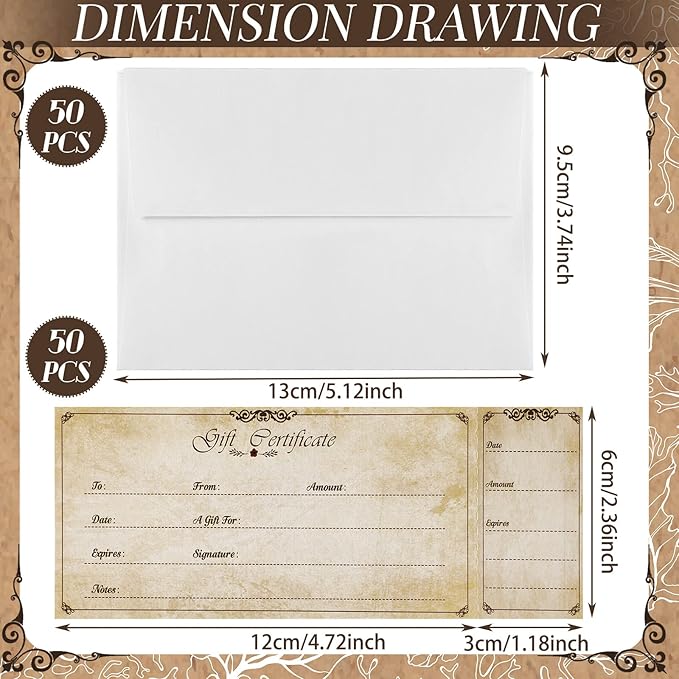 Sinmoe 50 Sets Gift Certificate for Business with 50 Pcs Envelopes Blank Gift Certificate Cards with Name and Address Rustic for Beauty Salon Restaurants Birthday(4.72 x 2.36 Inch, Retro Style)