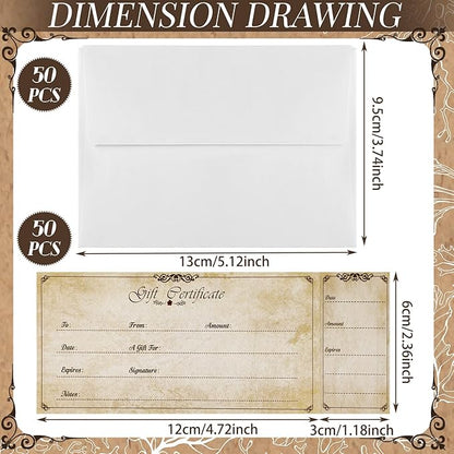 Sinmoe 50 Sets Gift Certificate for Business with 50 Pcs Envelopes Blank Gift Certificate Cards with Name and Address Rustic for Beauty Salon Restaurants Birthday(4.72 x 2.36 Inch, Retro Style)