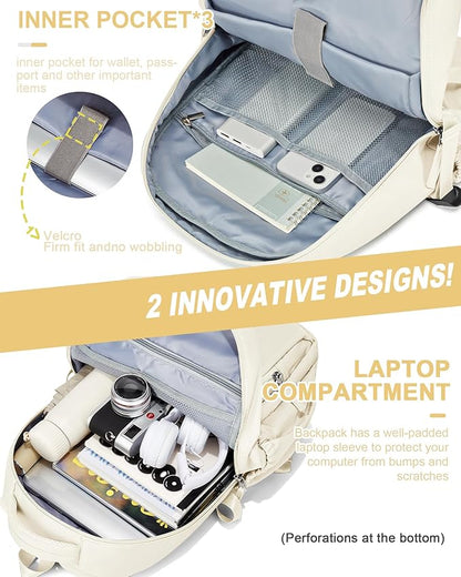 Lightweight School Backpack, College Bookbag for Boys Girls, 15.6 Inch Laptop Work Bag, Gym Backpack for Men Women, Large Capacity Waterproof Backpack for Campus School, Business, Beige