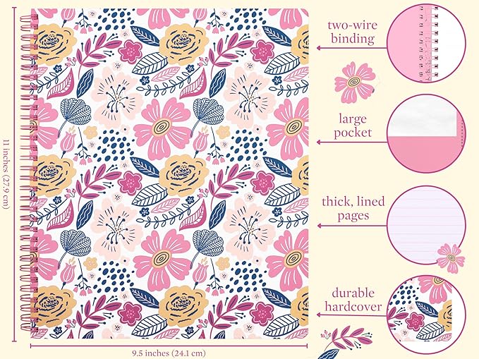Steel Mill & Co Cute Large Spiral Notebook College Ruled, 11" x 9.5" with Durable Hardcover and 160 Lined Pages, Mosaic Floral