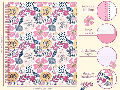 Steel Mill & Co Cute Large Spiral Notebook College Ruled, 11" x 9.5" with Durable Hardcover and 160 Lined Pages, Mosaic Floral