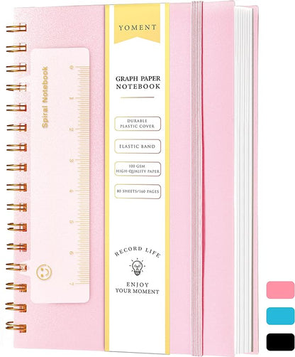 Yoment Graph Paper Notebook A5 Graphing Spiral Notebook 160 Pages Grid Paper Notebook Spiral Bound Pink Hardcover Spiral Journal 5x7 Grid Notebooks for Note Taking, Pink