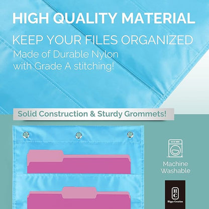 Hippo Creation Storage Pocket Chart for Classroom, 10 Pocket Storage Organizer with 3 Over-Door Hangers, Hanging Wall Organizer for File Folders, School Mailbox, Home Office Papers - Clear Blue