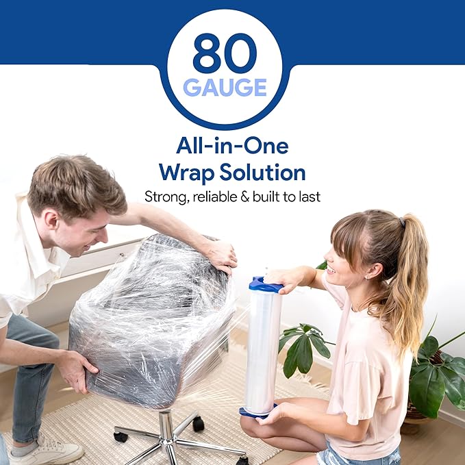 80 Gauge Plastic Stretch Film/Wrap with Tension Handles 1200ft 500% Stretch Clear Cling Durable Adhering Packing Moving Packaging Heavy Duty Shrink Film (Tension Handles, 1)