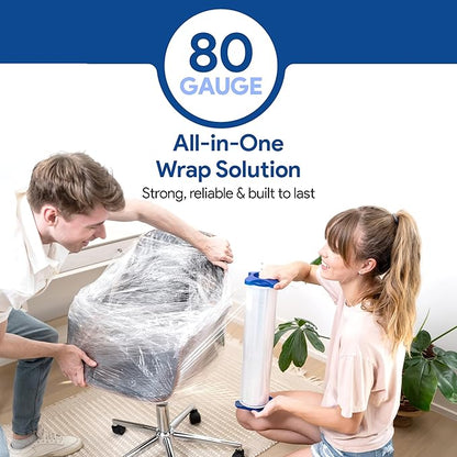 80 Gauge Plastic Stretch Film/Wrap with Tension Handles 1200ft 500% Stretch Clear Cling Durable Adhering Packing Moving Packaging Heavy Duty Shrink Film (Tension Handles, 4)