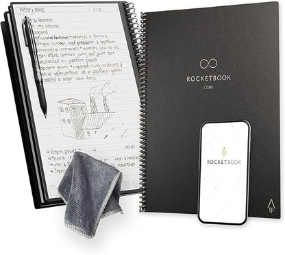 Rocketbook New Core Reusable Spiral Notebook, Letter Size 8.5x11, Black - Lined Pages, App-Connected, Erasable, Durable Cover, Ideal for School, Work, and Creative Projects (Pack of 1)