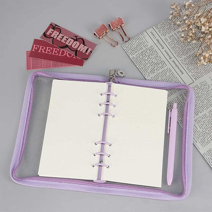 Purple A6 Binder Cover Clear Soft PVC 6-Ring Binder Budget Cash Evelopes System with Zipper Planner Organizer Loose Leaf Binder Folder Binder Pocket (Purple, A6)