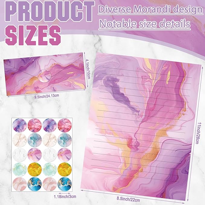 TaoBary 160 Packs Stationery Paper Set (50 Double Sided Stationery Writing Papers 50 Matching Envelopes) 60 Round Dot Sticker, 10 Design(Marble,8.5 x 11 Inch)
